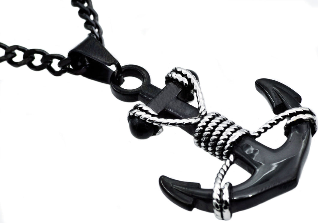 Mens Black Stainless Steel Anchor Pendant Necklace With Steel Rope - Blackjack Jewelry