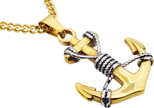 Mens Two Tone Gold Stainless Steel Anchor Pendant Necklace With 24" Curb Chain - Blackjack Jewelry