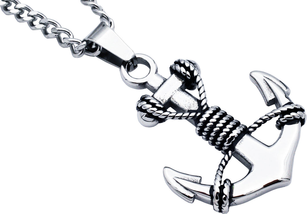 Mens Stainless Steel Anchor Pendant Necklace With 24
