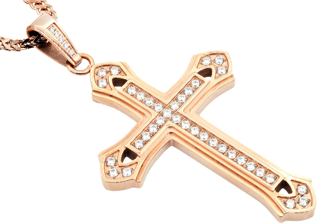 Mens Rose Gold Stainless Steel Cubic Zirconia Cross Pendant With 24