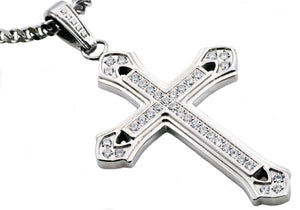 Mens Stainless Steel Cross Pendant With Cubic Zirconia - Blackjack Jewelry