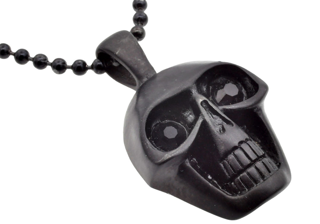 Mens Black Stainless Steel Black Cubic Zirconia Skull Pendant Necklace With 24