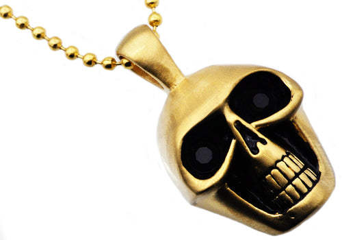 Mens Matte Finish Gold Stainless Steel Skull Pendant Necklace With Black Cubic Zirconia Eyes - Blackjack Jewelry