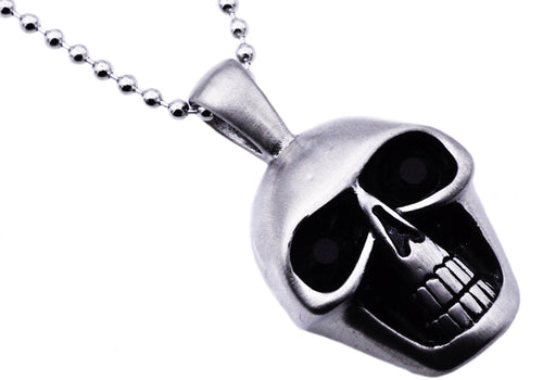 Mens Matte Finish Stainless Steel Skull Pendant Necklace With Black Cubic Zirconia Eyes - Blackjack Jewelry