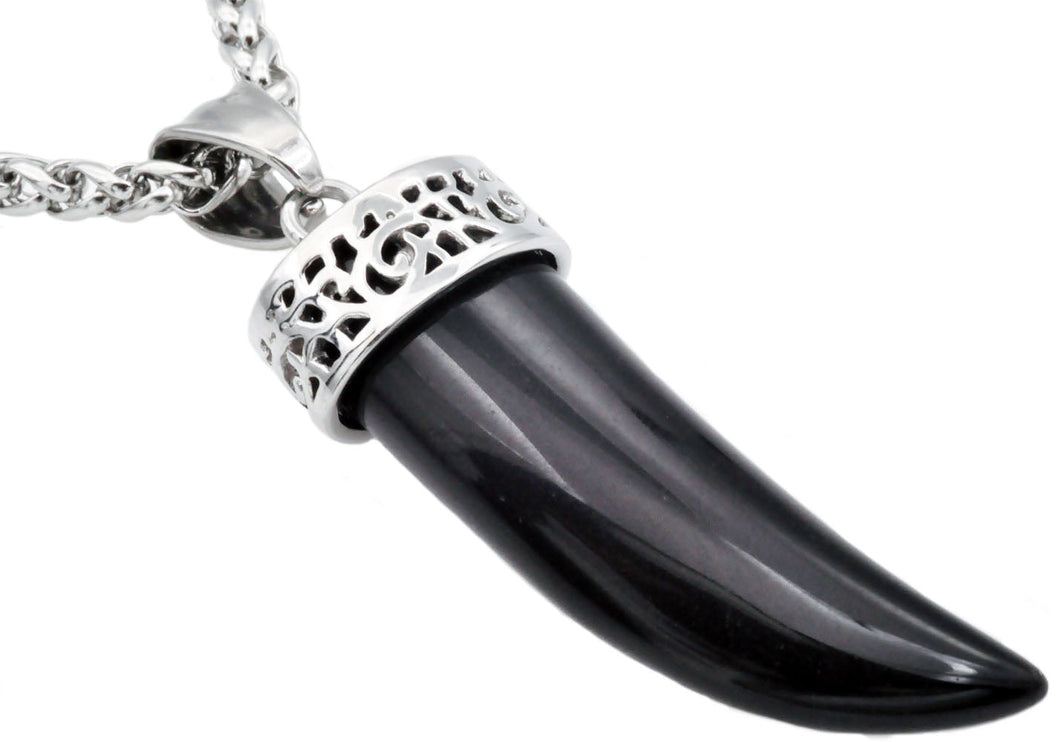 Mens Genuine Onyx Stainless Steel Horn Pendant - Blackjack Jewelry