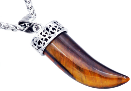 Mens Genuine Tiger Eye Stainless Steel Horn Pendant - Blackjack Jewelry