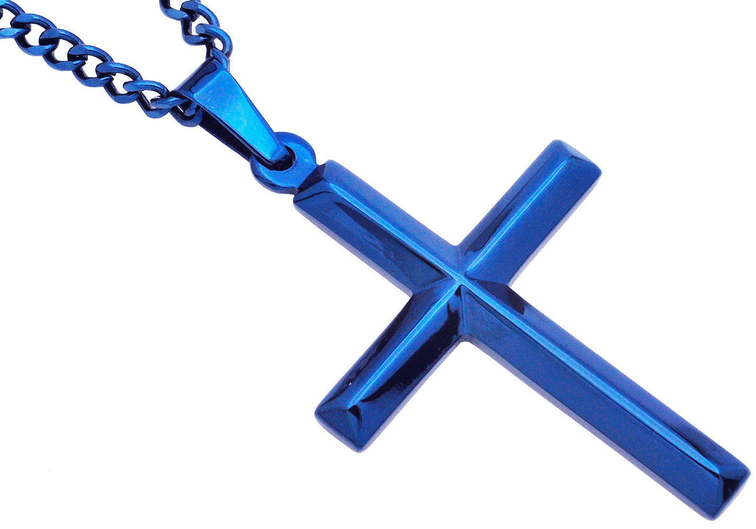 Mens Blue Stainless Steel Cross Pendant With 24