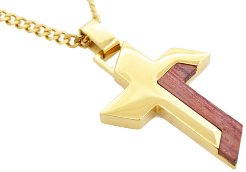 Mens Gold Wood And Stainless Steel Cross Pendant - Blackjack Jewelry