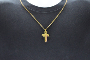 Mens Gold Wood And Stainless Steel Cross Pendant - Blackjack Jewelry