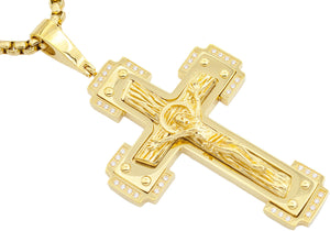 Mens Gold Stainless Steel Crucifix Pendant Necklace With Cubic Zirconia - Blackjack Jewelry