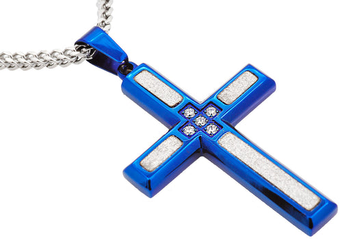 Mens Sandblasted Blue Stainless Steel Cross Pendant With Cubic Zirconia - Blackjack Jewelry