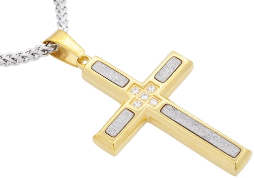 Mens Sandblasted Gold Stainless Steel Cross Pendant With Cubic Zirconia - Blackjack Jewelry
