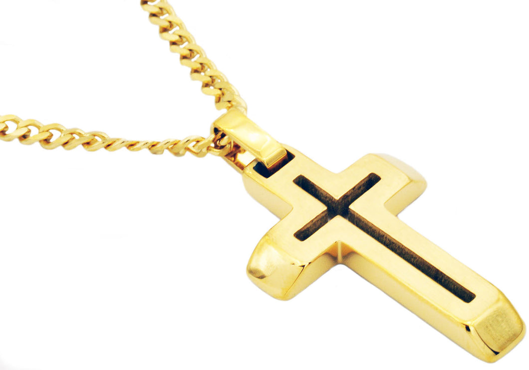 Mens Gold Stainless Steel Cross Pendant With 24