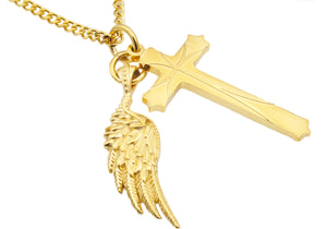 Mens Gold Stainless Steel Cross Pendant With 24" Curb Chain - Blackjack Jewelry
