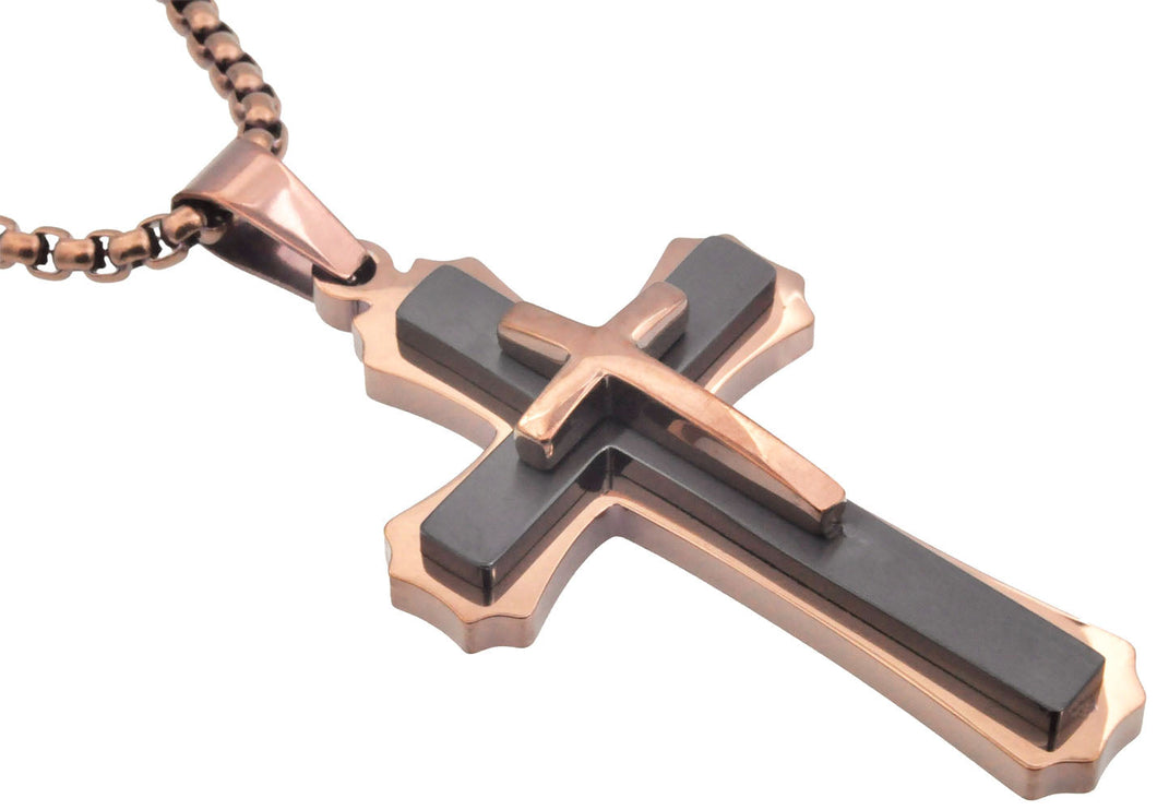 Mens Chocolate And Black Stainless Steel 3D Cross Pendant Necklace With 24