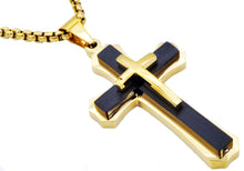 Load image into Gallery viewer, Mens Black And Gold Plated Stainless Steel Cross Pendant Necklace - Blackjack Jewelry
