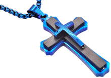 Load image into Gallery viewer, Mens Black And Blue Plated Stainless Steel Cross Pendant Necklace - Blackjack Jewelry
