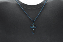 Load image into Gallery viewer, Mens Black And Blue Plated Stainless Steel Cross Pendant Necklace - Blackjack Jewelry
