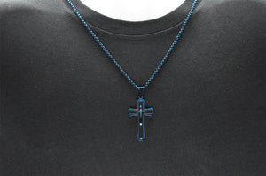 Mens Black And Blue Plated Stainless Steel Cross Pendant Necklace - Blackjack Jewelry