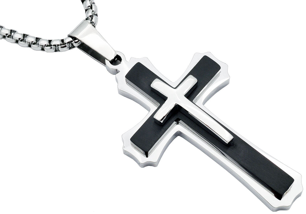 Mens Layered Black Plated Stainless Steel Cross Pendant Necklace
