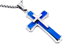 Load image into Gallery viewer, Mens Blue Plated Stainless Steel Cross Pendant Necklace - Blackjack Jewelry
