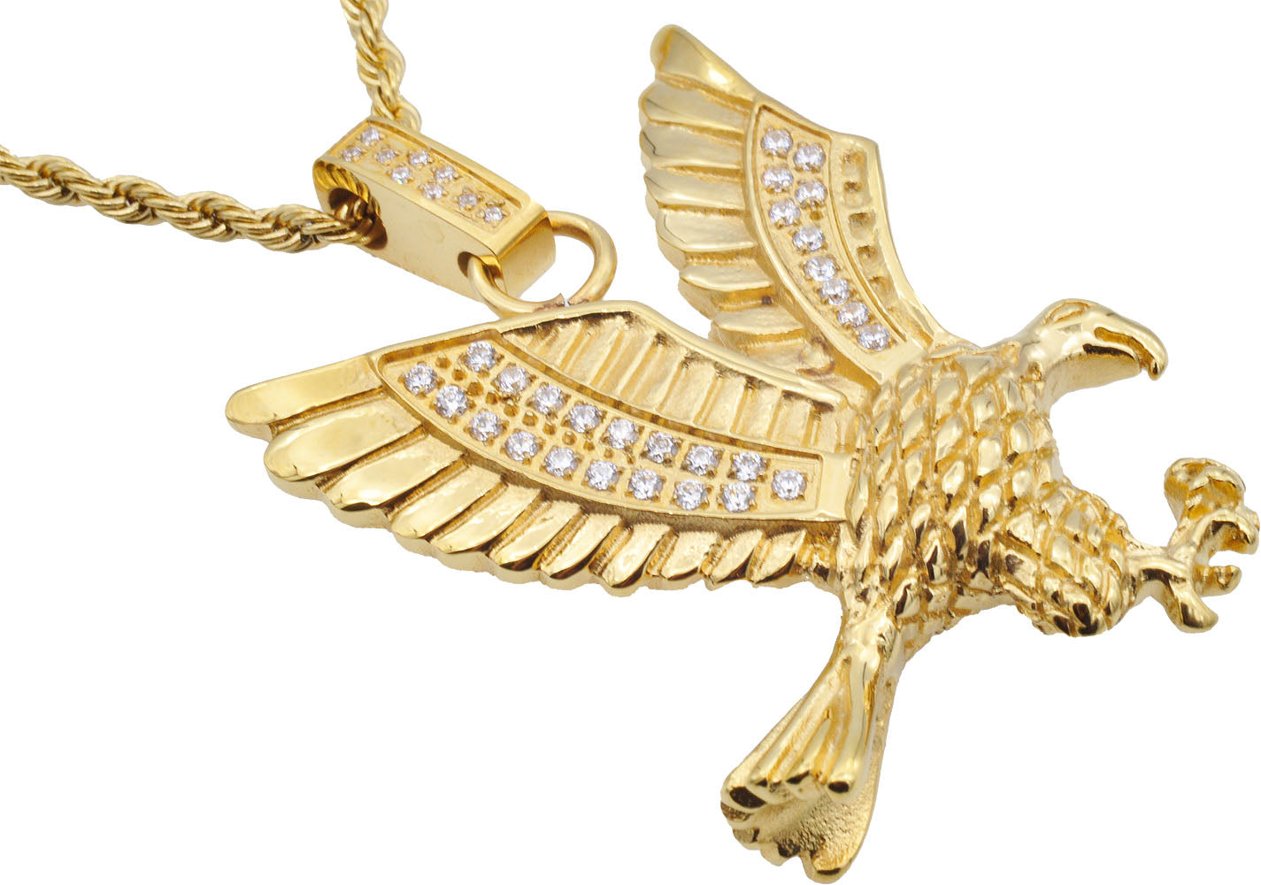 Men's Gold Stainless Steel CZ Eagle Pendant Necklace With 24 Men's Gold Stainless Steel CZ Eagle Pendant Necklace With 24