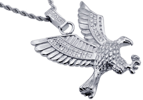 Mens Stainless Steel Cubic Zirconia Eagle Pendant Necklace With 24