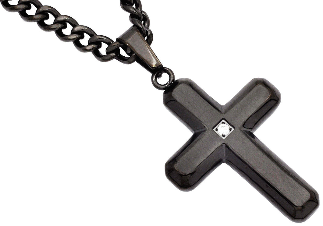 Mens Gunmetal Stainless Steel Cross Pendant Necklace With Cubic Zirconia