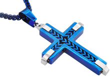 Load image into Gallery viewer, Mens Blue Stainless Steel Cross Pendant Necklace With Franco Link Chain Inlay - Blackjack Jewelry
