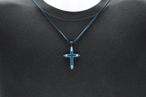 Mens Blue Stainless Steel Cross Pendant Necklace With Franco Link Chain Inlay - Blackjack Jewelry
