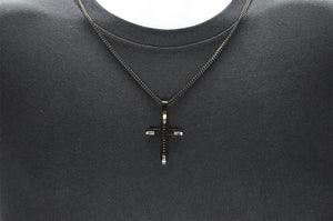 Mens Black Stainless Steel Cross Pendant Necklace With Franco Link Chain Inlay - Blackjack Jewelry