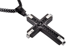 Load image into Gallery viewer, Mens Black Stainless Steel Cross Pendant Necklace With Franco Link Chain Inlay - Blackjack Jewelry
