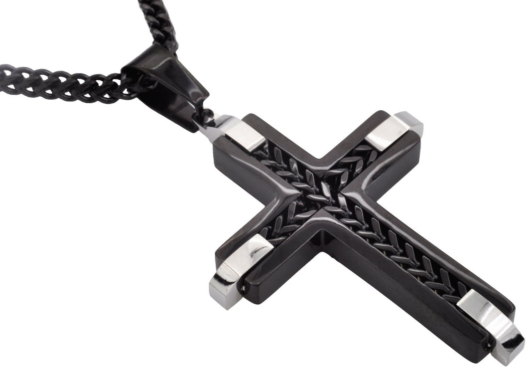 Mens Black Stainless Steel Cross Pendant Necklace With Franco Link Chain Inlay - Blackjack Jewelry