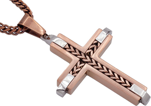 Mens Chocolate Stainless Steel Cross Pendant Necklace With Franco Link Chain Inlay - Blackjack Jewelry