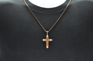 Mens Chocolate Stainless Steel Cross Pendant Necklace With Franco Link Chain Inlay - Blackjack Jewelry