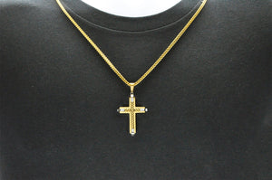 Mens Gold Stainless Steel Cross Pendant Necklace With Franco Link Chain Inlay - Blackjack Jewelry