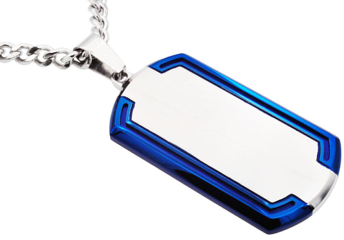 Mens Blue And Silver Stainless Steel Dog Tag ID Pendant With 24