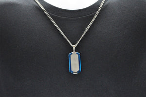 Mens Blue And Silver Stainless Steel Dog Tag ID Pendant With 24" Curb Chain - Blackjack Jewelry