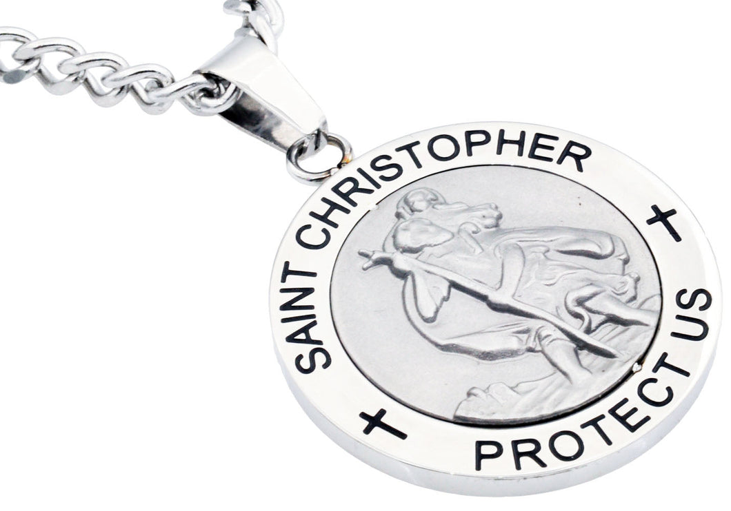 Mens Stainless Steel Saint Christopher Protect Us Pendant - Blackjack Jewelry
