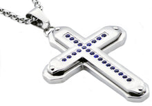Load image into Gallery viewer, Mens Stainless Steel Cross Pendant Necklace With Blue Cubic Zirconia - Blackjack Jewelry
