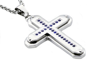 Mens Stainless Steel Cross Pendant Necklace With Blue Cubic Zirconia - Blackjack Jewelry