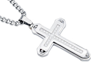 Mens Stainless Steel Cross Pendant Necklace With Cubic Zirconia - Blackjack Jewelry