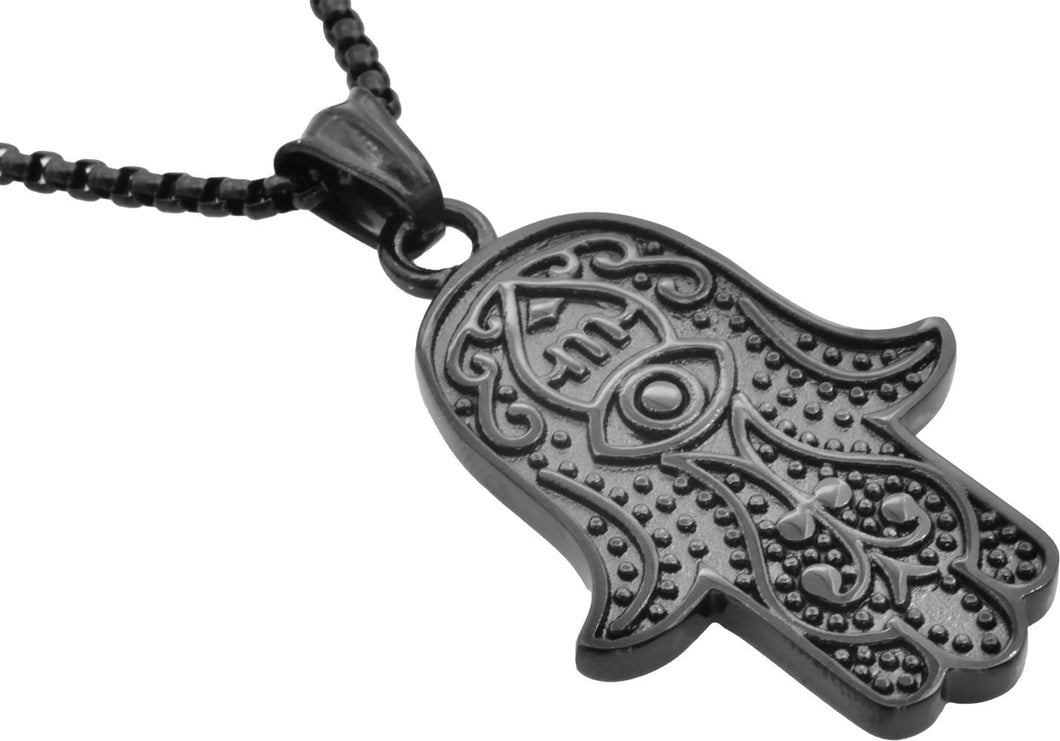 Mens Black Stainless Steel Hamsa Pendant Necklace - Blackjack Jewelry