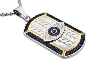 Mens Tri Tone Black And Gold Stainless Steel Evil Eye Dog Tag Pendant With Blue Cubic Zirconia - Blackjack Jewelry