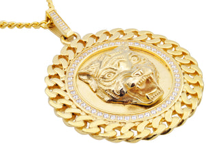 Mens Gold Stainless Steel Panther Pendant With Cubic Zirconia - Blackjack Jewelry