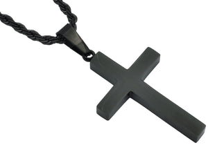 Mens Stainless Steel Black Plated Cross Pendant With 24" Rope Chain - Blackjack Jewelry