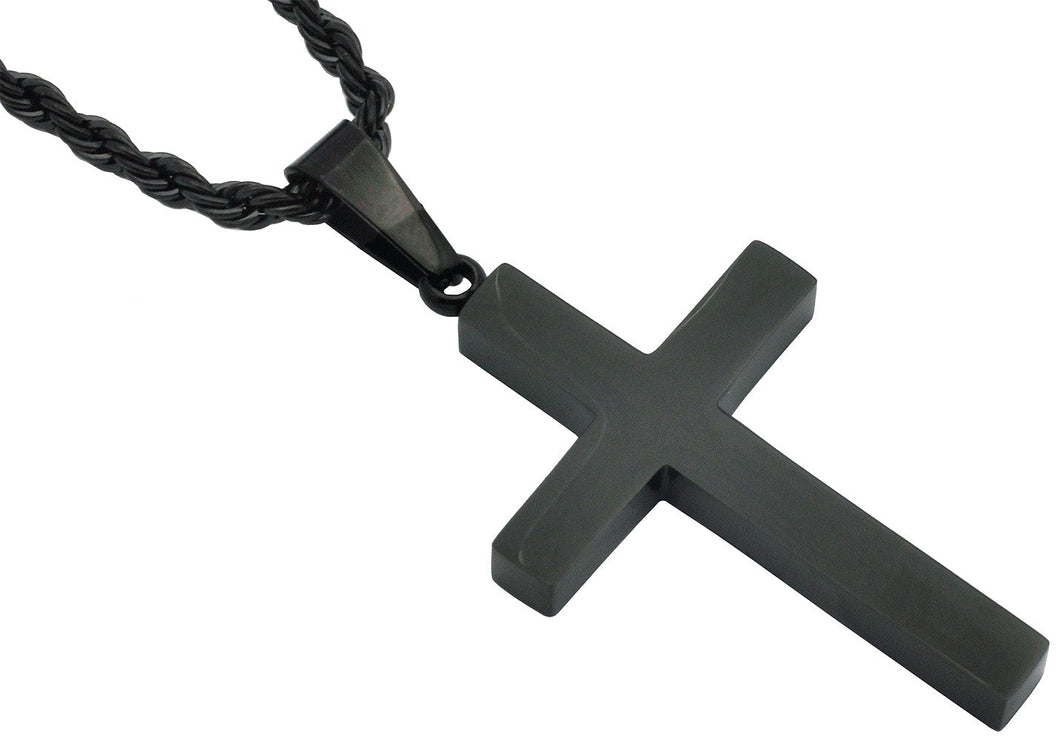 Mens Stainless Steel Black Plated Cross Pendant With 24
