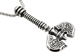 Mens Stainless Steel Axe Pendant with 24" Round Box Chain - Blackjack Jewelry