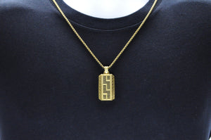Mens Gold Stainless Steel Greek Key Black CZ Dog Tag Pendant Necklace With 24" Round Box Chain - Blackjack Jewelry