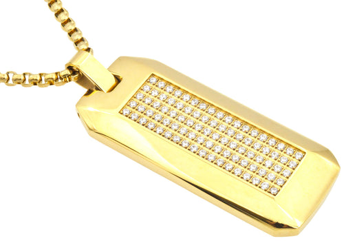 Mens Gold Plated Stainless Steel CZ Dog Tag Pendant Necklace With 24